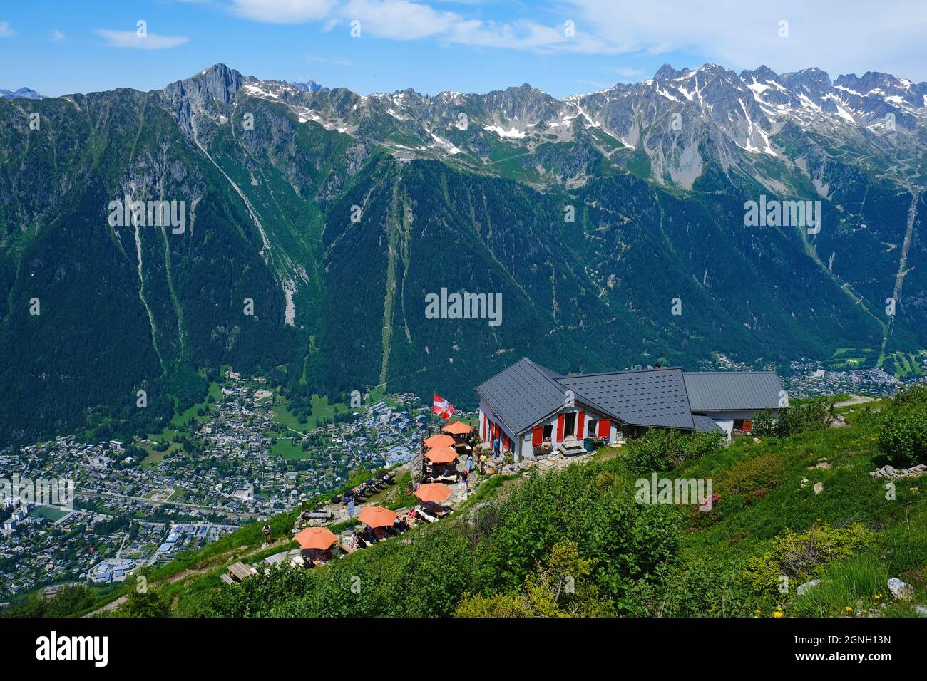 Brevent mountains and Chamonix Valley with Refuge du Plan de l'Aiguille, French Alps , Chamonix, Mont Blanc, Haute-Savoie, France Stock Photo