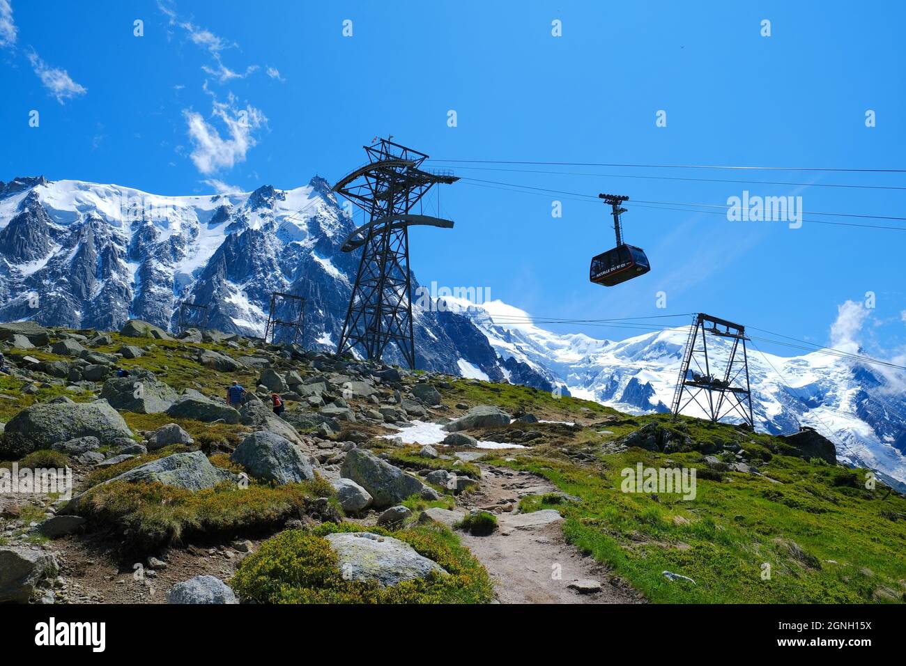 Chamonix, France - July 10, 2021. Cable car coach going to the Aiguille du Midi 3842 m mountain in the Mont Blanc massif , Chamonix, French Alps Stock Photo