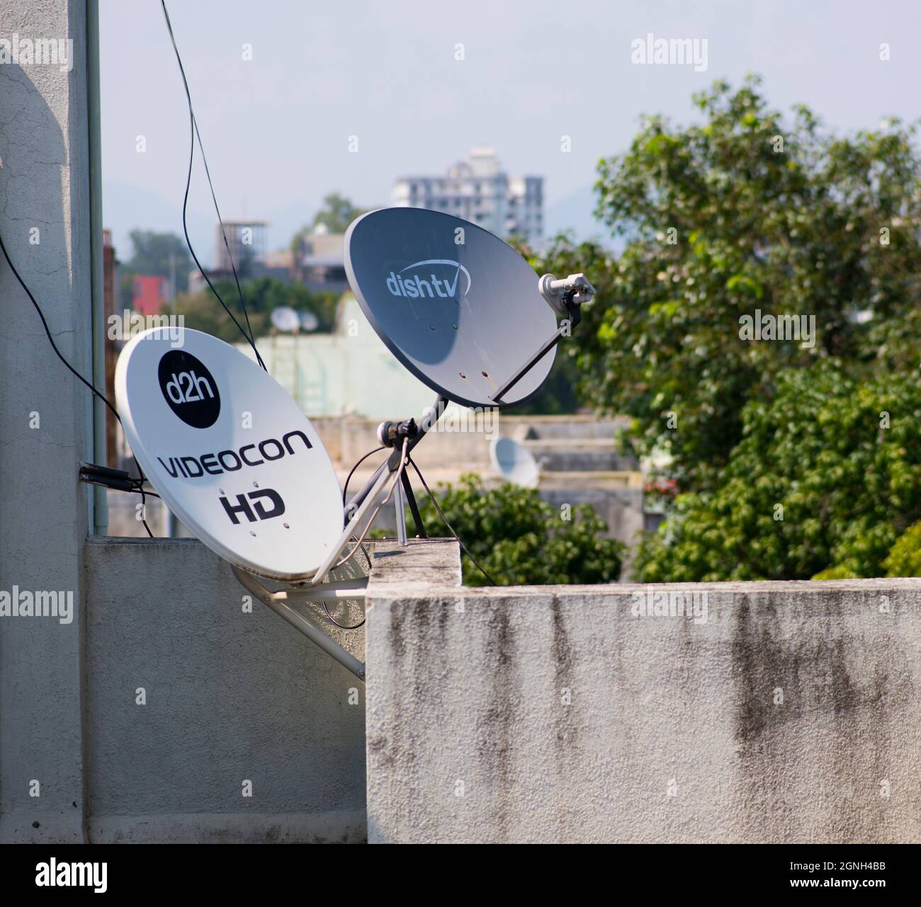 Two dish antennas for receiving television broadcasts installed of the