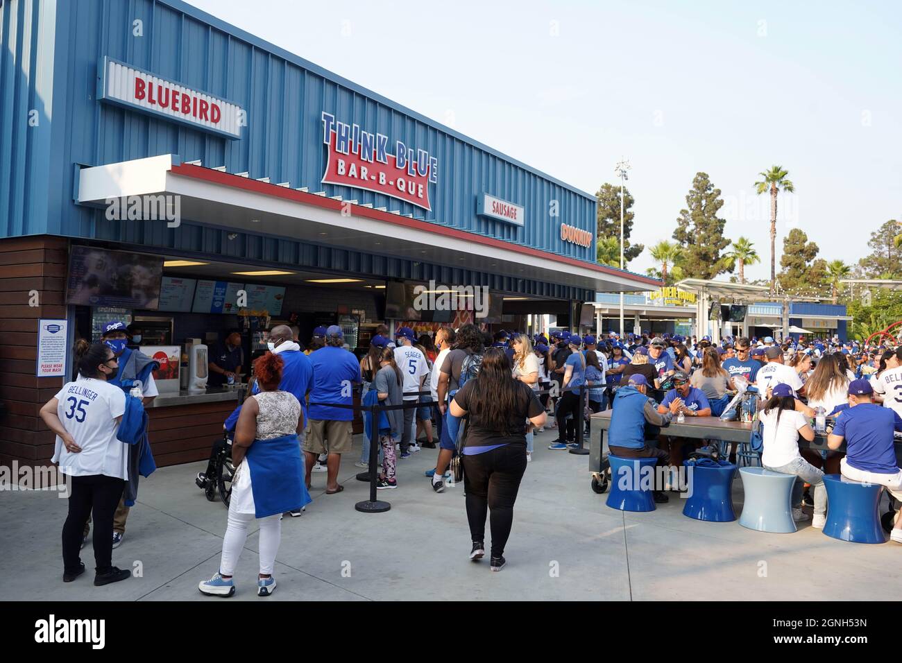 A general view of the Think Blue Bar-B-Que in the Dodger Stadium center field plaza during a MLB game between the Los Angeles Dodgers and the Pittsbur Stock Photo
