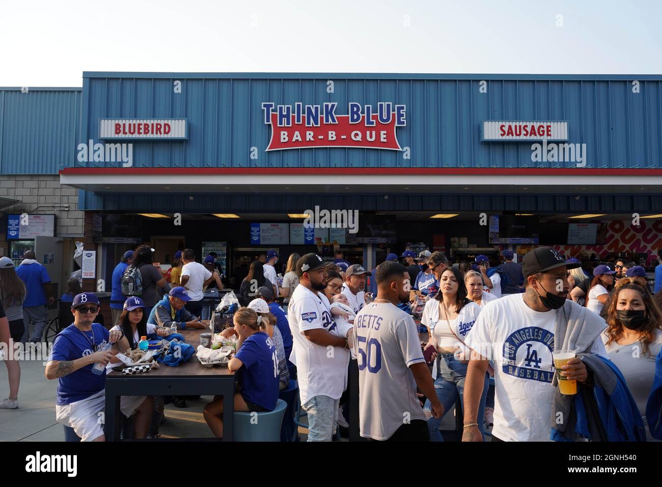 A general view of the Think Blue Bar-B-Que in the Dodger Stadium center field plaza during a MLB game between the Los Angeles Dodgers and the Pittsbur Stock Photo
