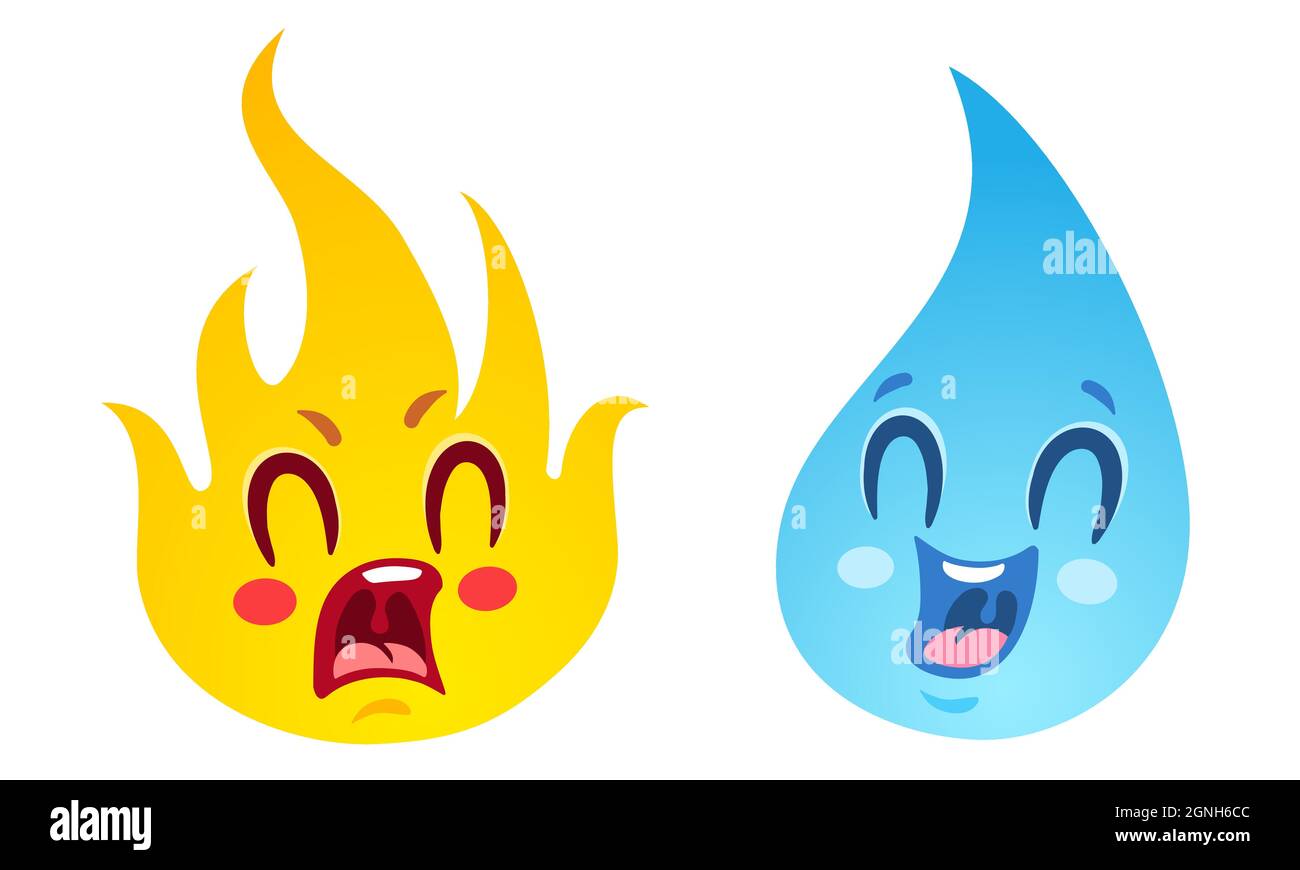 Vector set icons two elements fire and water. Nature elements in emoji style. Fire and water. Kawaii emoji. Stock Vector