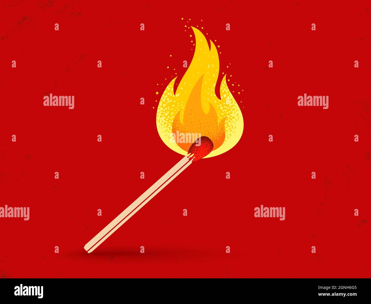 Vector retro illustration of a match with fire on red vintage