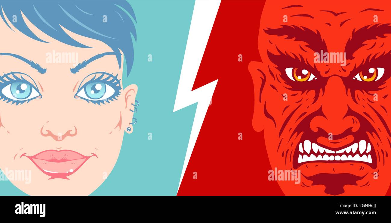 Vector vintage illustration of a beautiful girl face and angry man face. Retro illustration of a girl and man portrait in comics style. Stock Vector