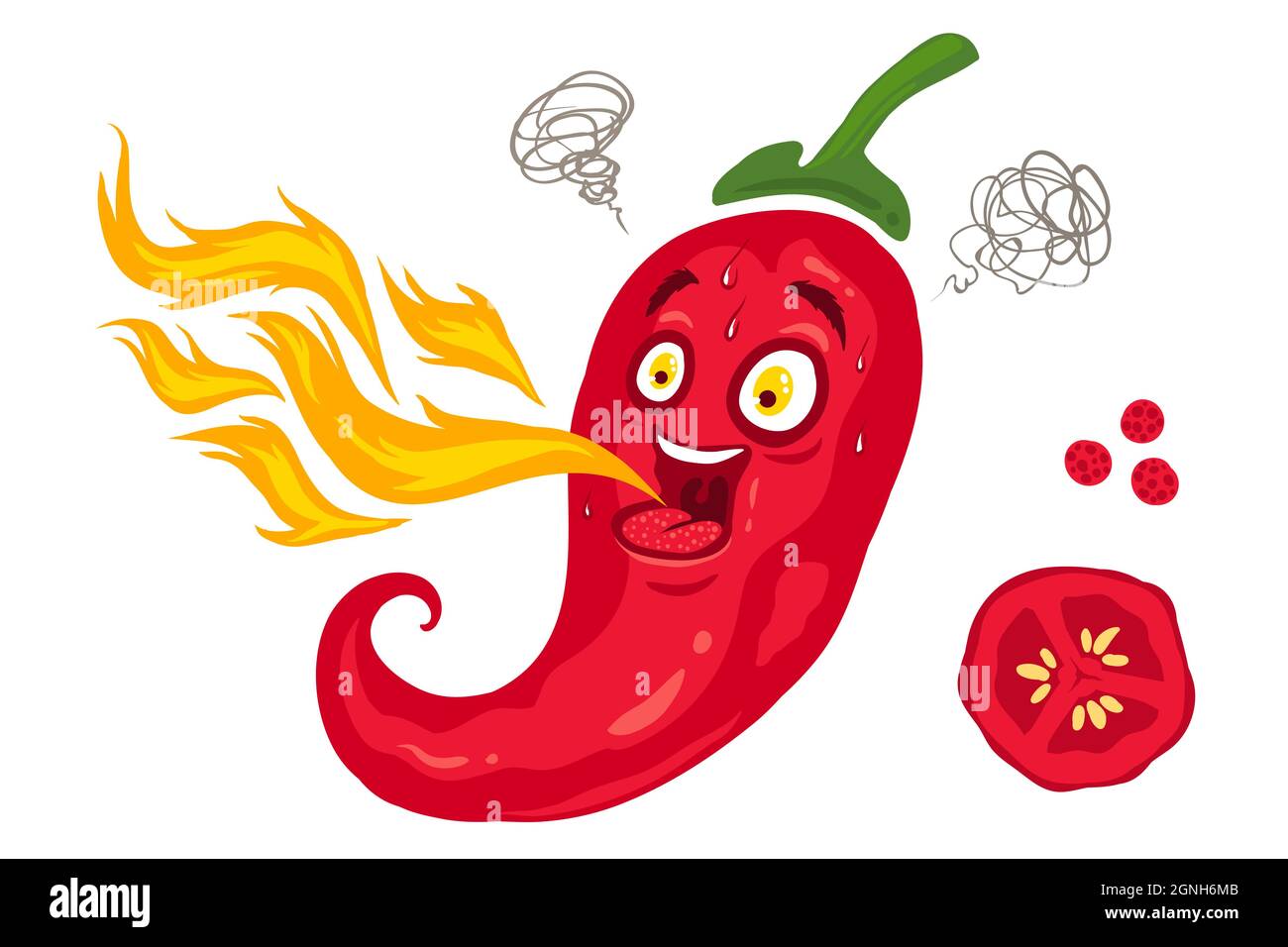 Vector illustration of a spicy chilli pepper with flame. Cartoon red chili for Mexican food. Stock Vector