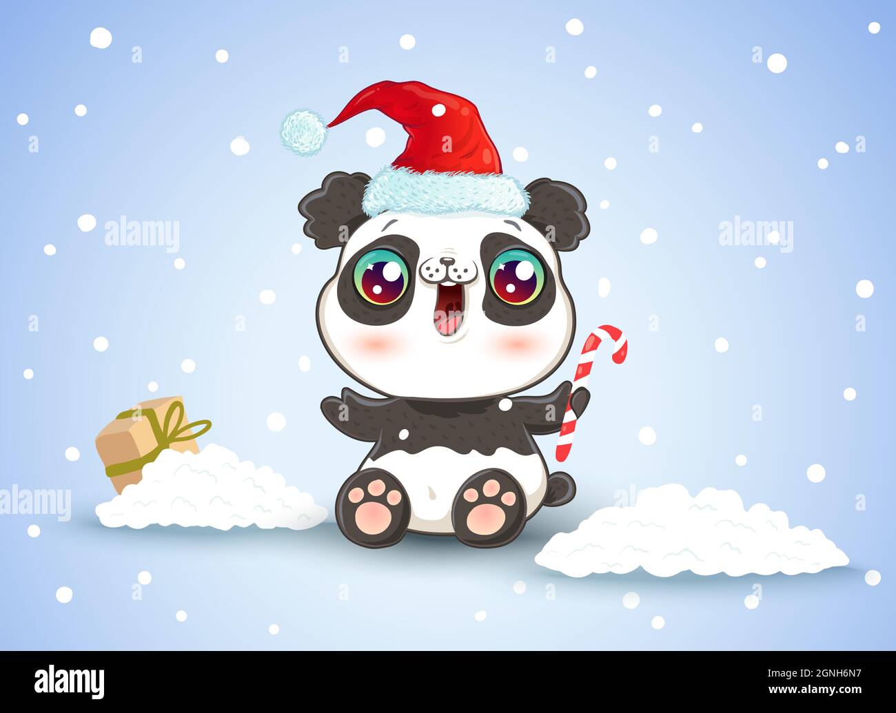 Vector illustration of a cute panda in Santa hat. Panda on snow in kawaii style for Christmas Stock Vector