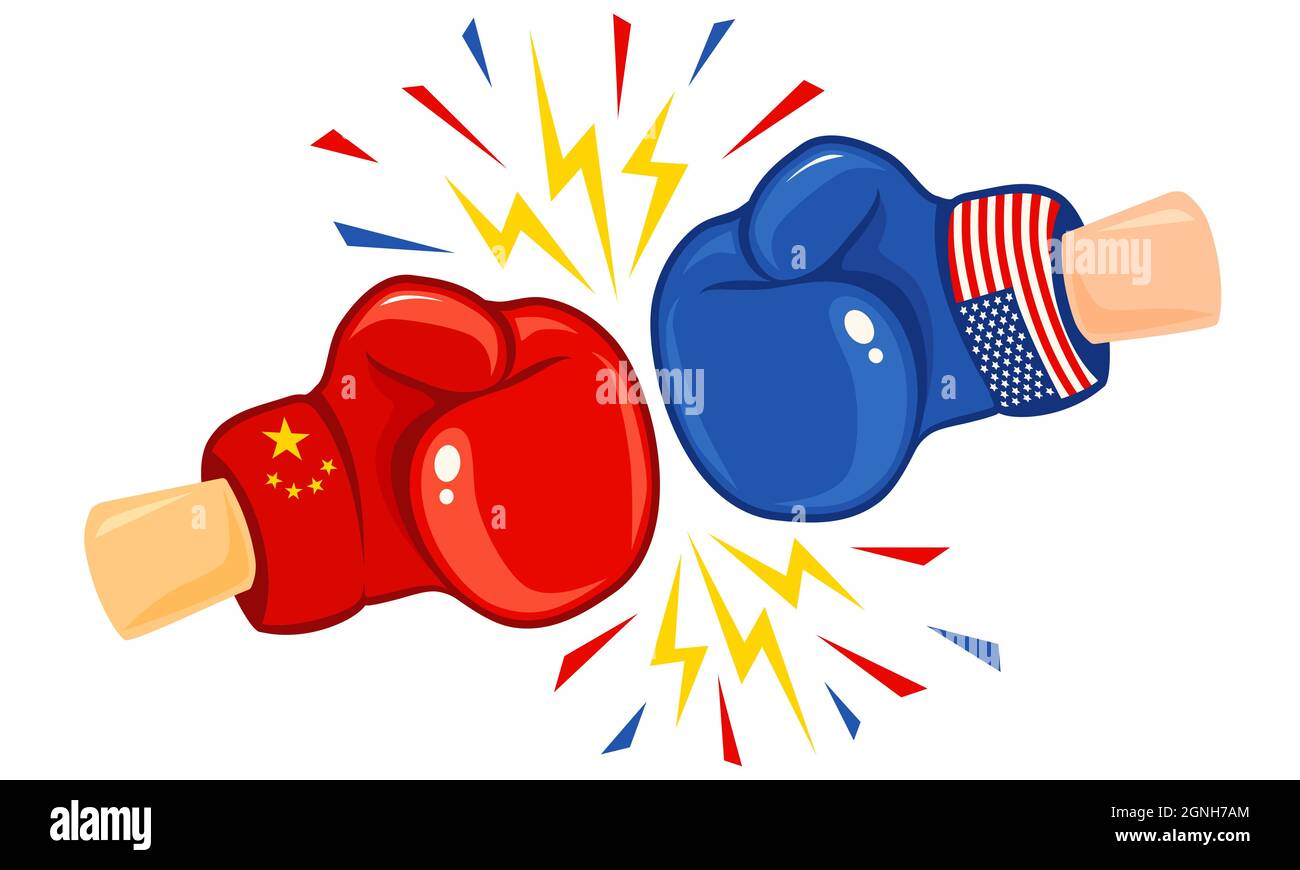 Vector vintage logo for a boxing with gloves with two flags. Vintage emblem of two boxing gloves with flags China and USA. USA vs China, trade war. Stock Vector
