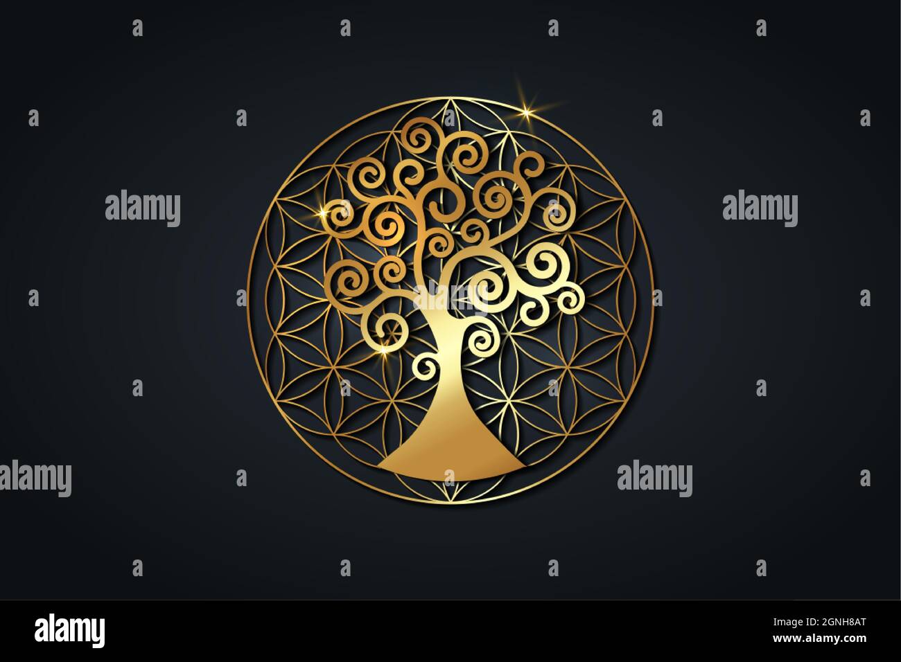 tree of life and flower of life, gold spiritual mandala, Sacred Geometry. Bright golden symbol of harmony and balance. Mystical talisman, luxury logo Stock Vector