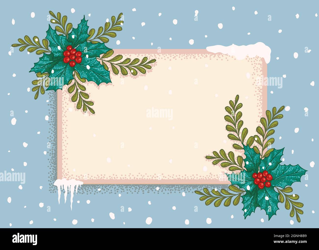 Vector vintage greeting card for Christmas and new year. Vector retro postcard with Christmas plants. Stock Vector