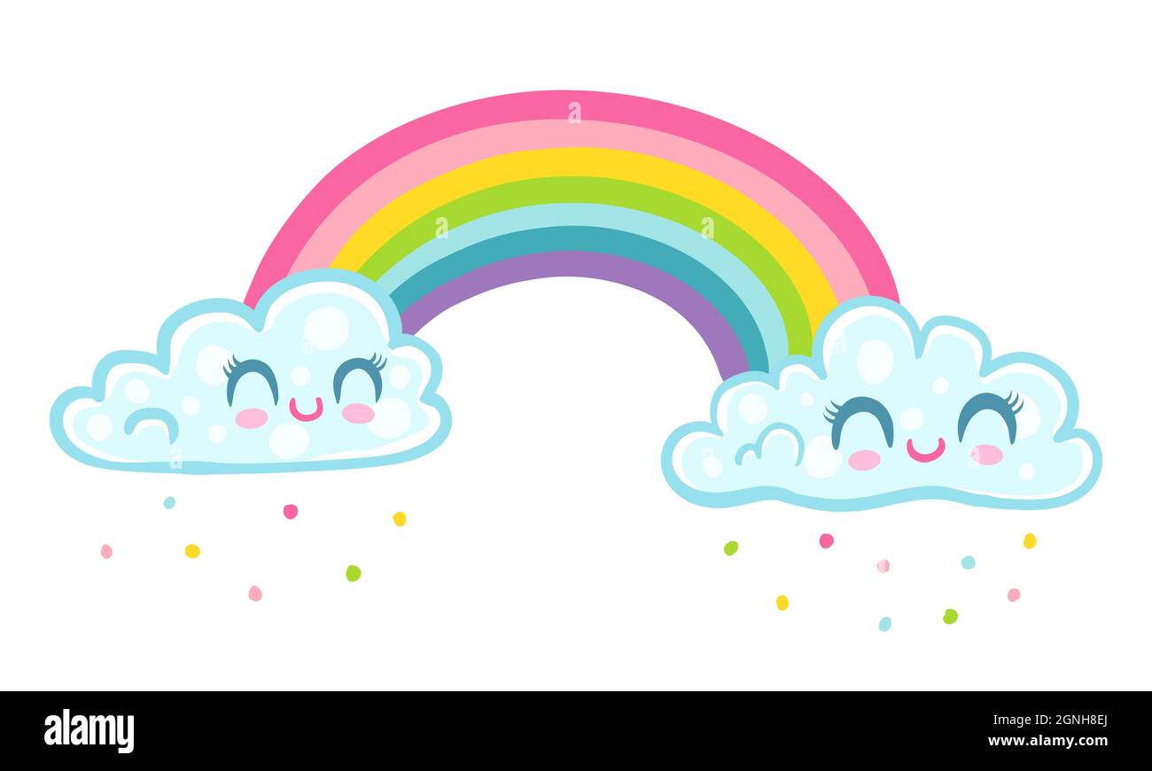 Vector illustration of a rainbow with clouds in kawaii style. Clouds ...