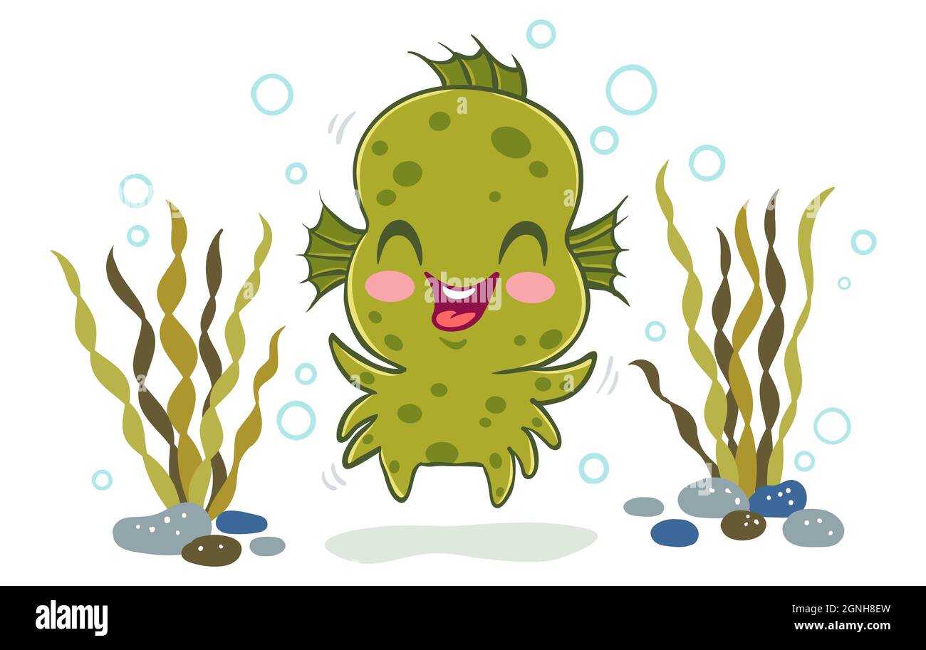Vector illustration of a water monster in kawaii style. Illustration of a cute kid in Aqua monster costume. Halloween monster. Stock Vector