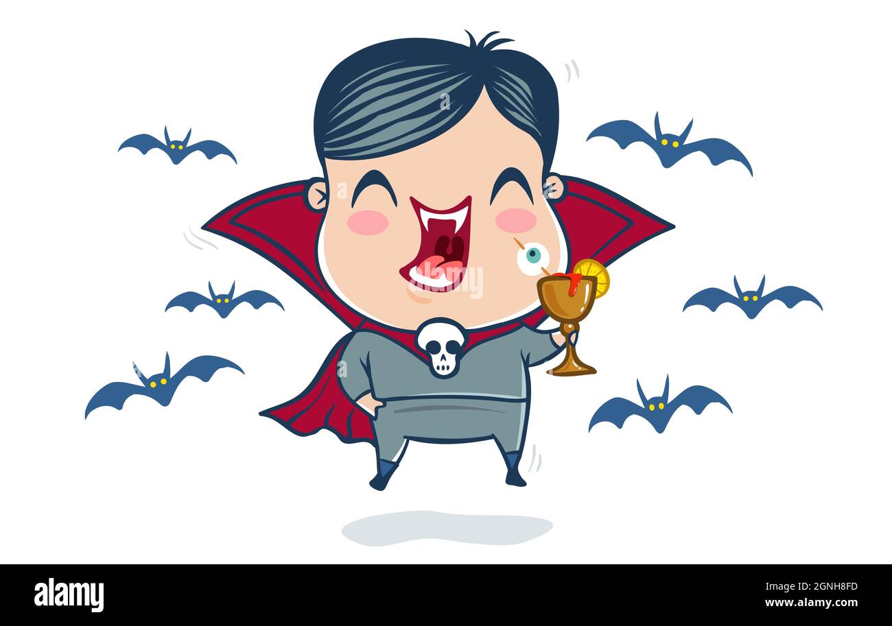 Vector illustration of a vampire in kawaii style. Illustration of a cute kid in Dracula costume. Halloween monster Stock Vector