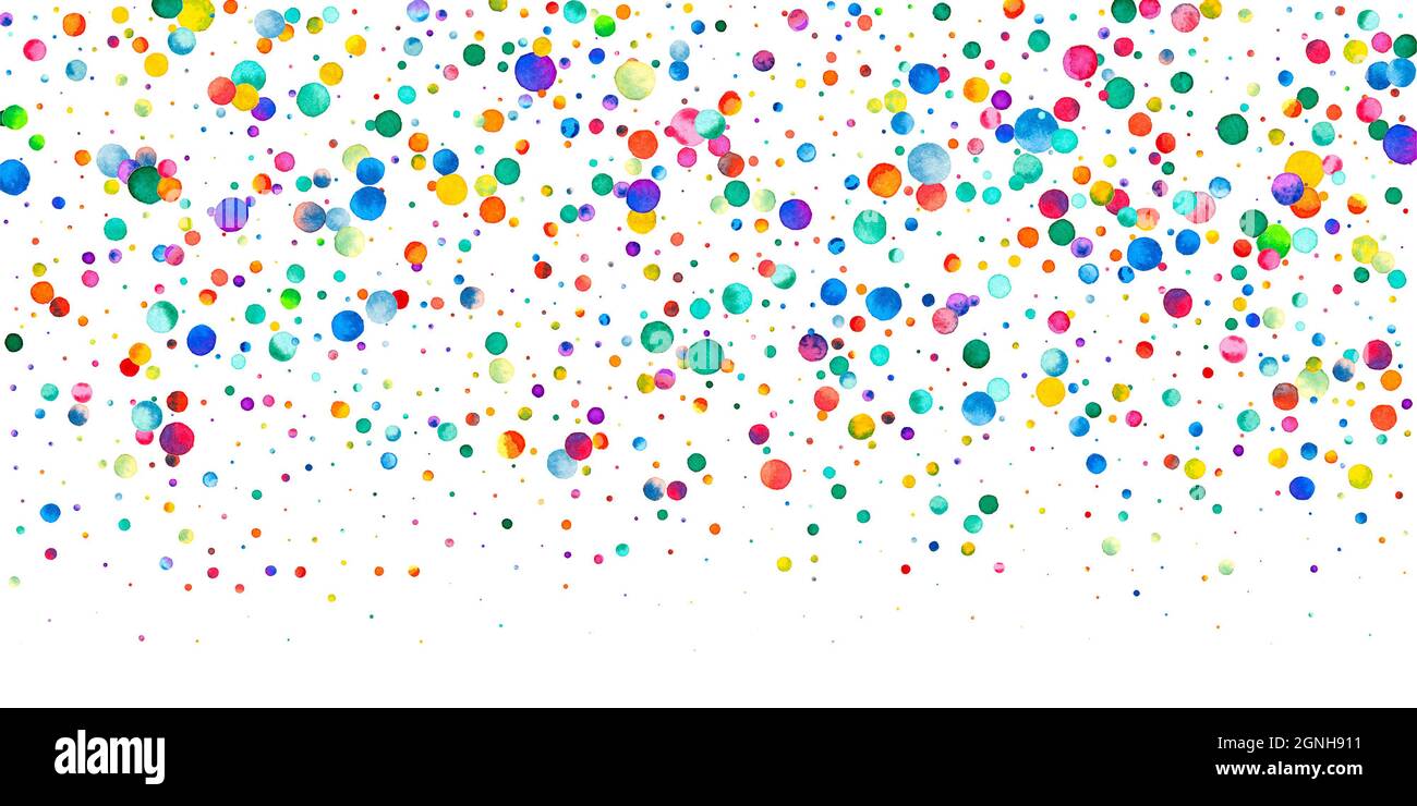 Watercolor confetti on white background. Alluring rainbow colored dots. Happy celebration wide colorful bright card. Nice hand painted confetti. Stock Photo