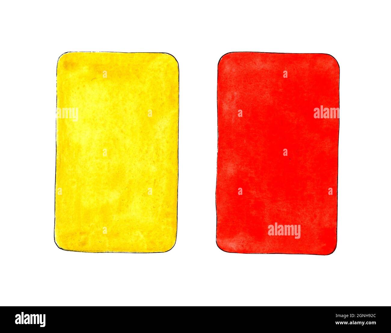 Watercolor illustration of red and yellow card for sports design. Sports equipment for judging ...