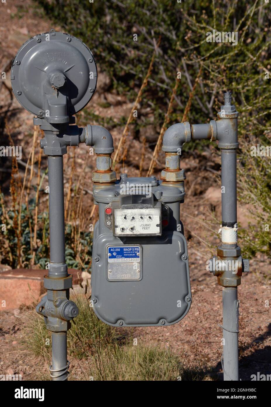 A gas meter in front of a home measures the amount of natural gas used by  the home's residents Stock Photo - Alamy