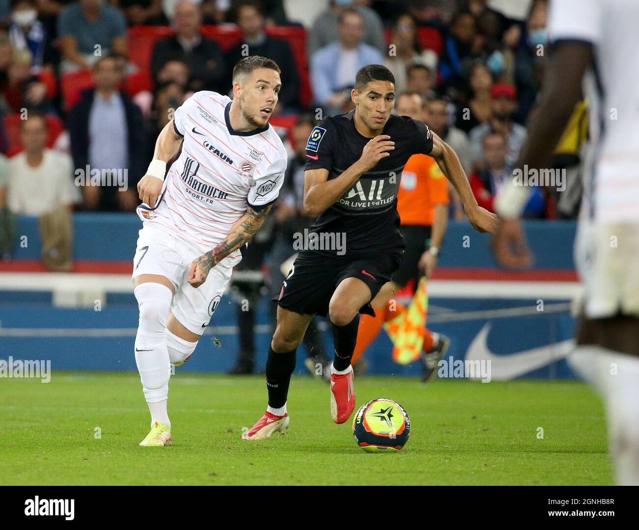 Mihailo Ristic of Montpellier, Achraf Hakimi of PSG during the French  championship Ligue 1 football match between Paris Saint-Germain (PSG) and  Montpellier HSC (MHSC) on September 25, 2021 at Parc des Princes