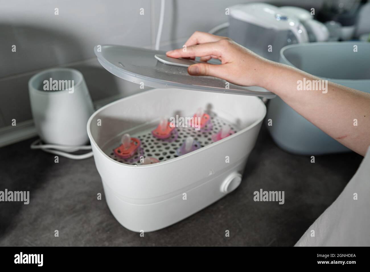 Close up on hand of unknown woman holding hand full of pacifier above electric steam disinfection container on the kitchen counter Stock Photo