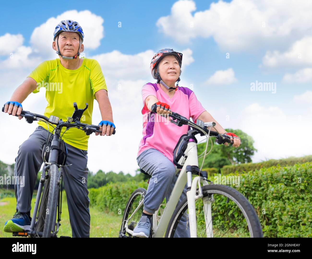 Happy senior couple exercising with bicycles Stock Photo - Alamy