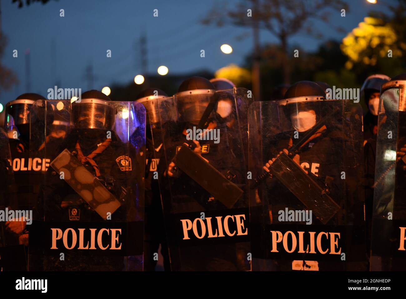 Bangkok, Thailand. 25th Sep, 2021. Anti-government protesters face the ...