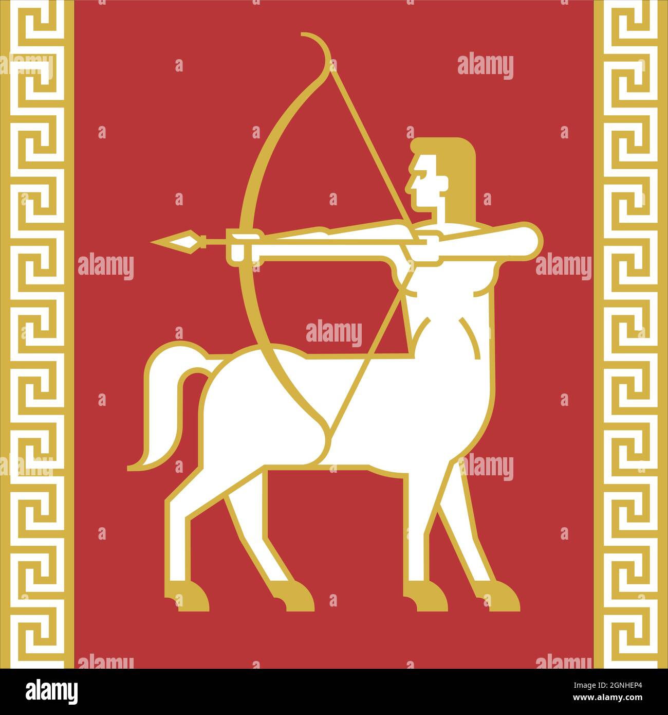 Centaur or Sagittarius Archer vector illustration. Half man, half horse with bow and arrow drawing with heavy outline. Classical Greek border Stock Vector