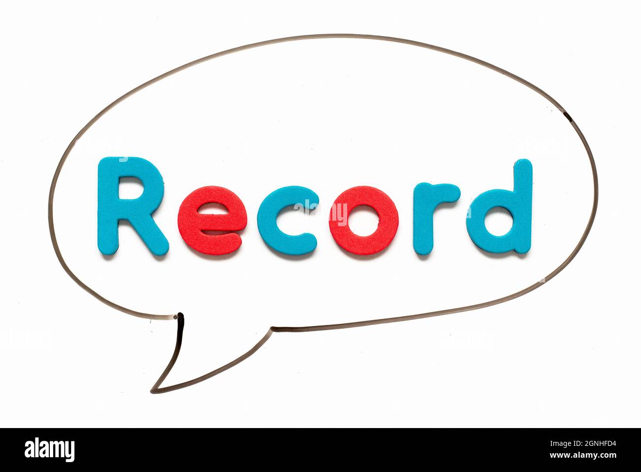 Alphabet letter with word record in black line hand drawing as bubble