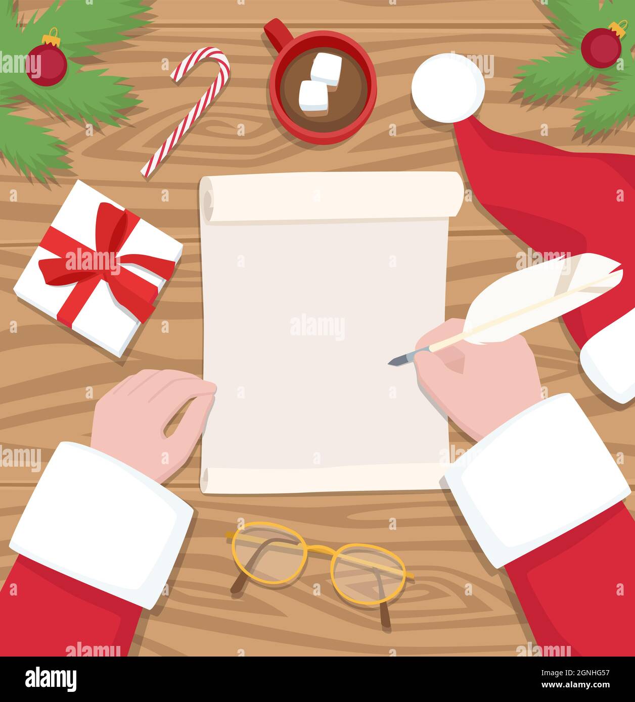 Santa Claus writes letter on his desk - flat design vector illustration. Stock Vector