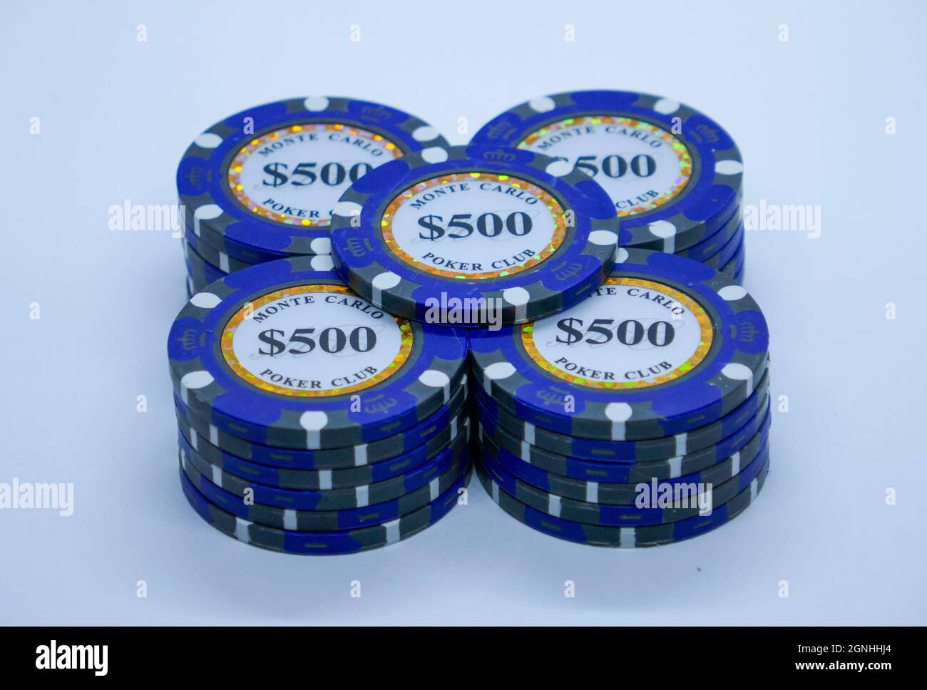 Pile of gambling $500 tokens realistic casino chips, volumetric roulette and blackjack, sport poker money or cash. Gamble and success, winner and luck Stock Photo