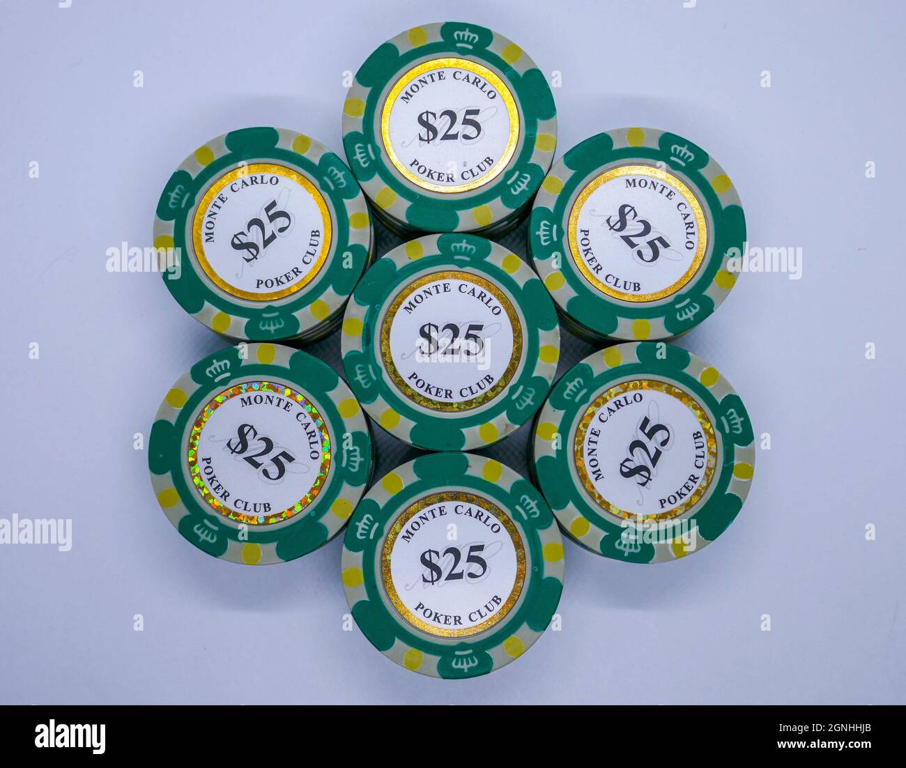 Stack of $25 tokens or heap of falling realistic casino chips, volumetric roulette and blackjack, sport poker money or cash. Gamble and success, winne Stock Photo