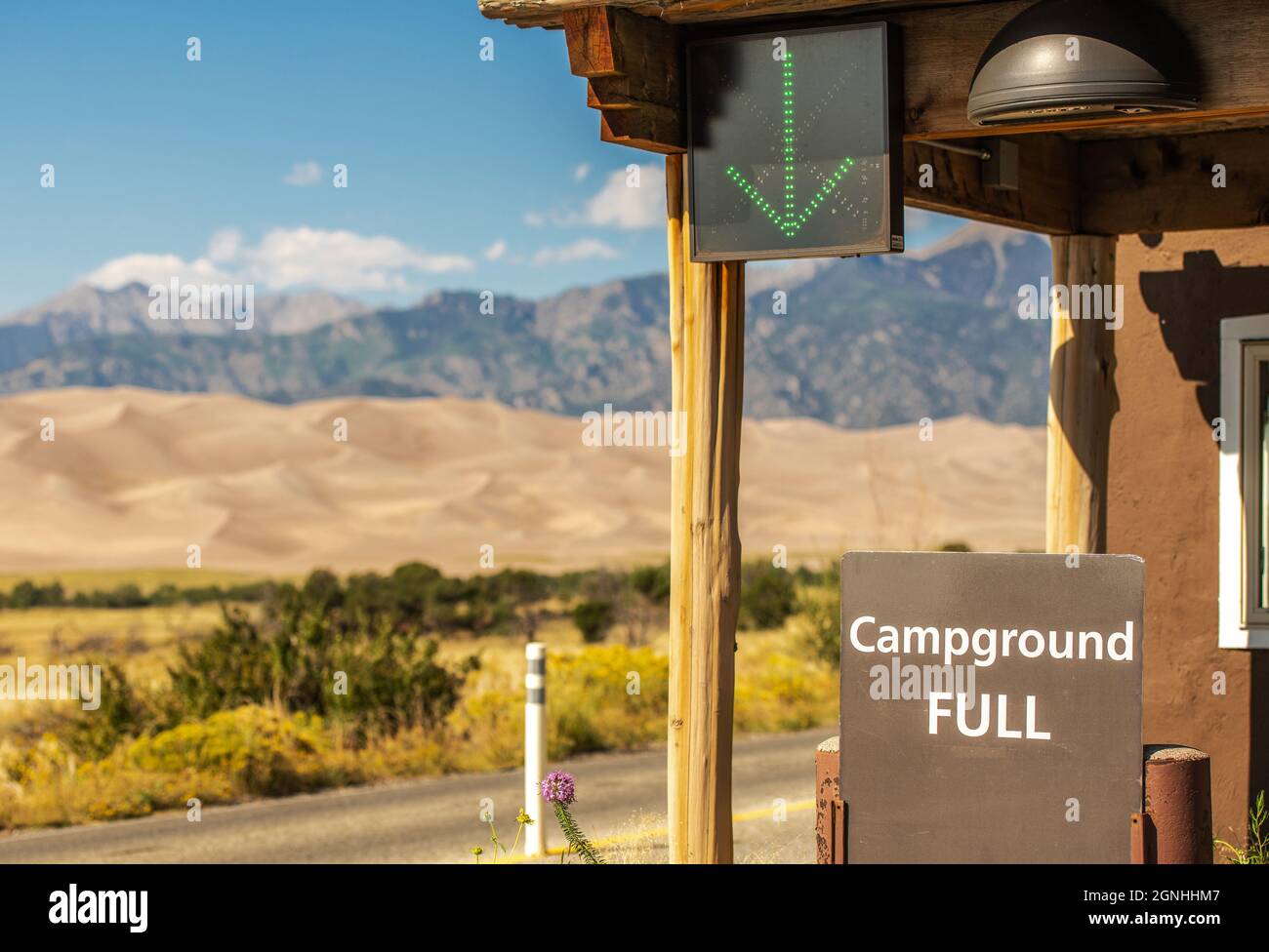 Campground Full Park Entrance Sign. Great Sand Dunes National Park and Preserve in Colorado, USA. Camping Theme. Stock Photo