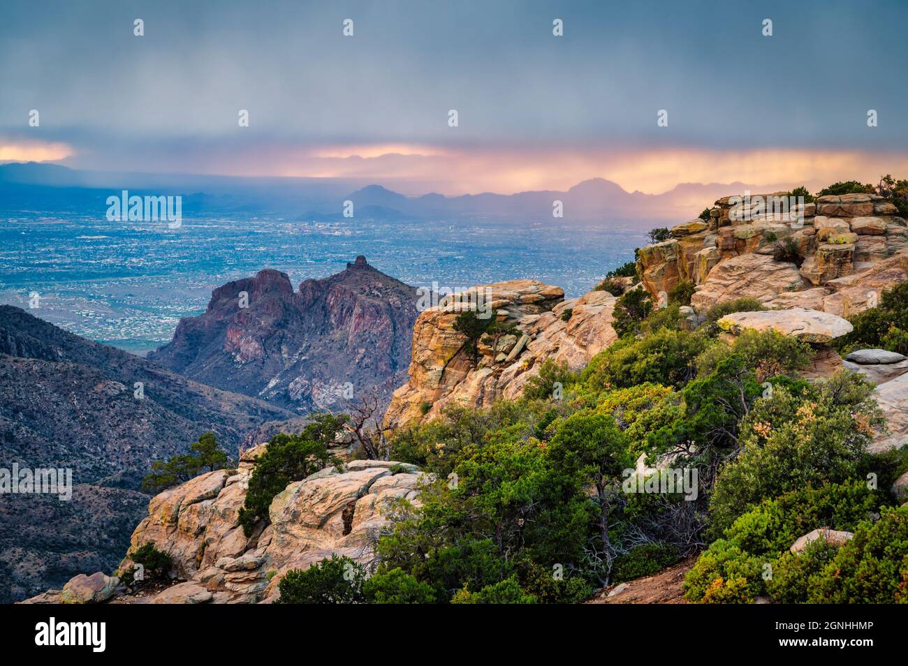 View from Mt. Lemmon of Tucson Arizona with monsoon sky and rain Stock