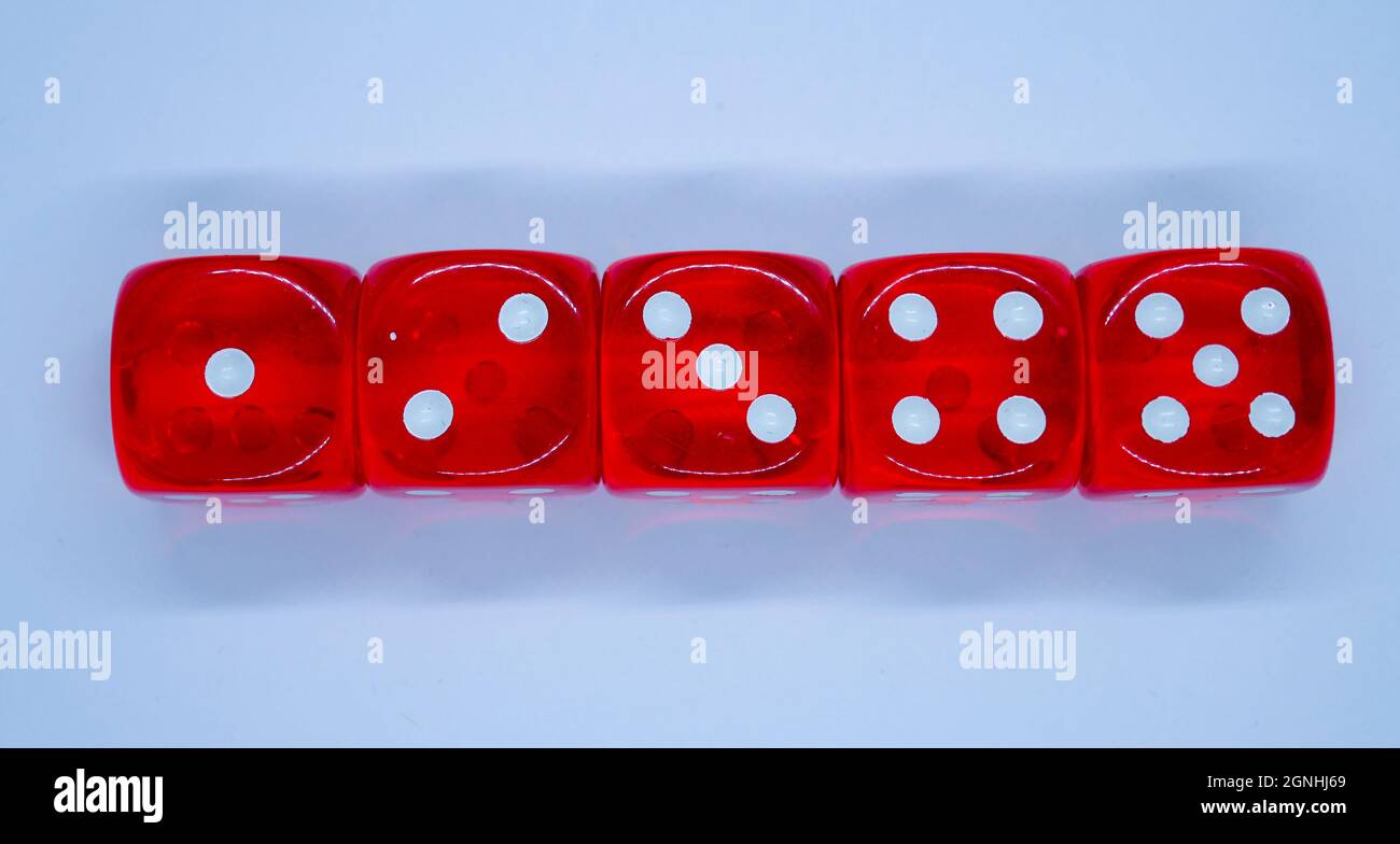 Casino five dices for gambling poker isolated on white Stock Photo