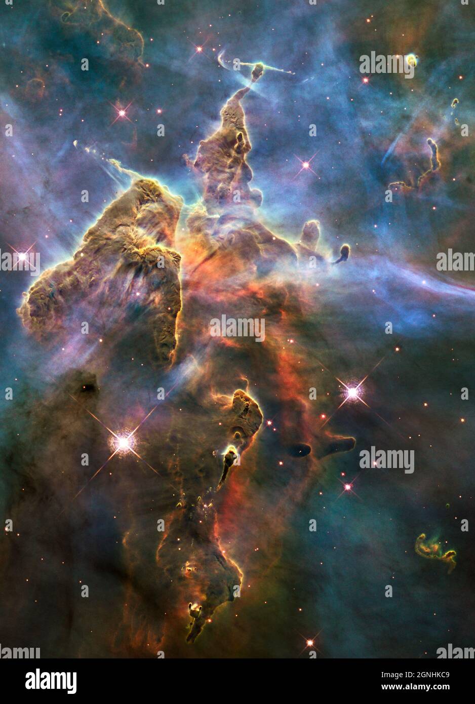 The Mystic Mountain star formation area in the Carina Nebula. It hsows stars forming in the dust and the long dust jets called Herbig-Haro objects. These are HH901 andH902. Image source NASA/ESA Hubble Space Telescope Stock Photo