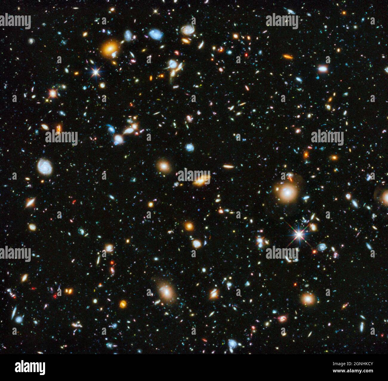 The famous Hubble Ultra Deep Field, containing 10,000 distant galaxies. The area of this image is one 26 millionth of the sky, from which we can infer that the visible universe contains 260 billion galaxies. . Image source NASA/ESA Hubble Space Telescope Stock Photo