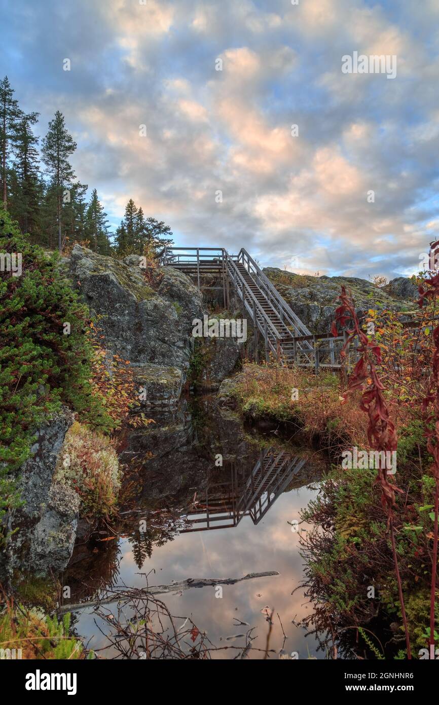 autumn, mountain, lake, forest landscape with stairs and rocks Stock Photo