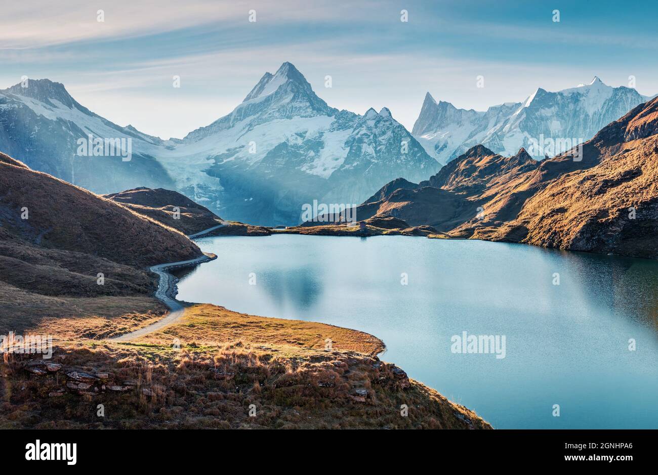 Gorgeous Evening Panorama Of Bachalp Lake Bachalpsee Switzerland 