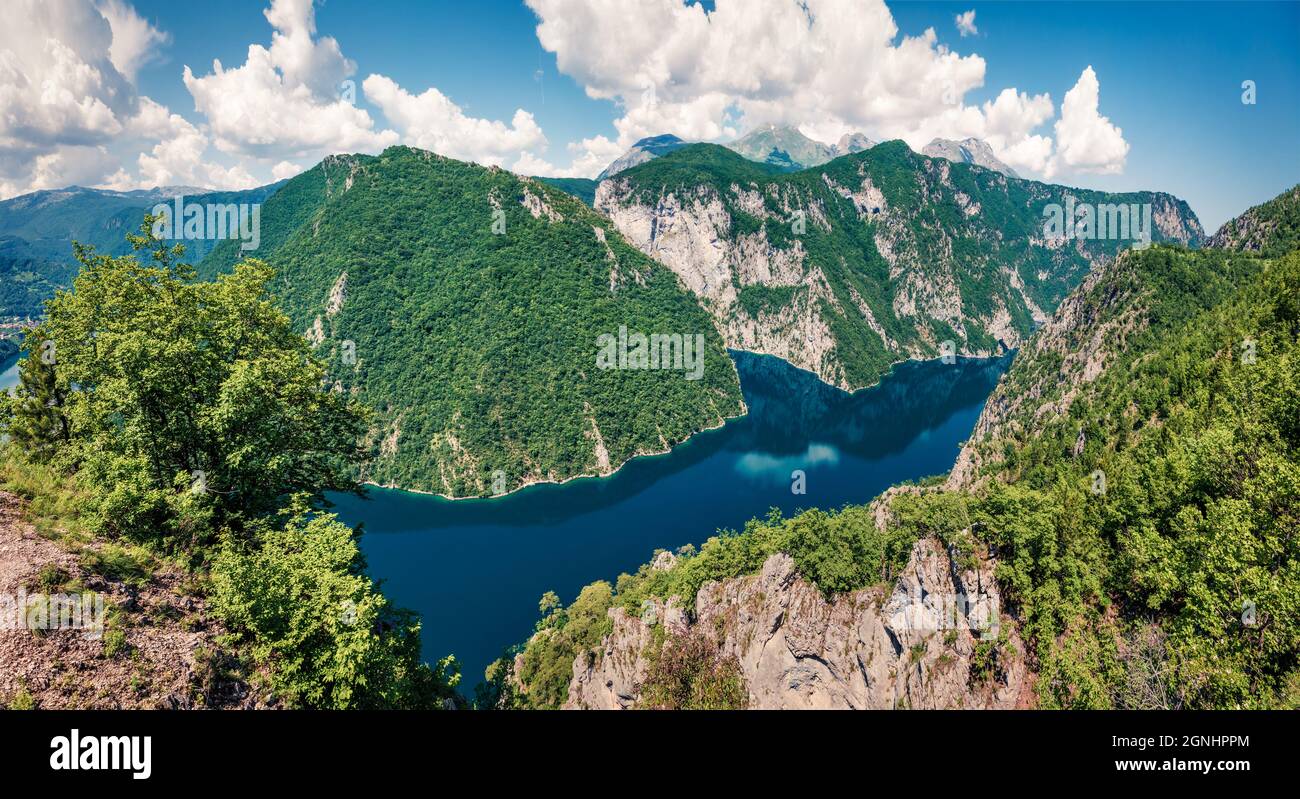 Aerial summer view of Pivsko lake. Picturesque morning scene of canyon of Piva river, Pluzine town location, Montenegro, Europe. Beautiful world of Me Stock Photo
