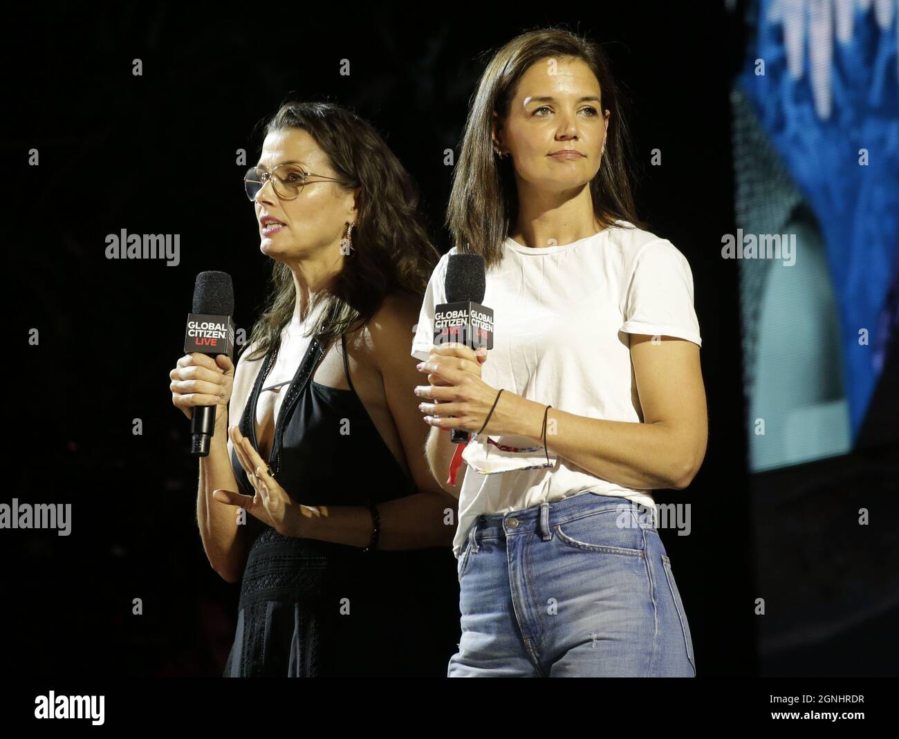 New York, United States. 26th Sep, 2021. Bridget Moynahan and Katie Holmes speak at Global Citizen Live in New York City on Saturday, September 25, 2021. Global Citizen Live is a 24-hour global event starting on September 25 to unite the world to defend the planet and defeat poverty. Photo by John Angelillo/UPI Credit: UPI/Alamy Live News Stock Photo