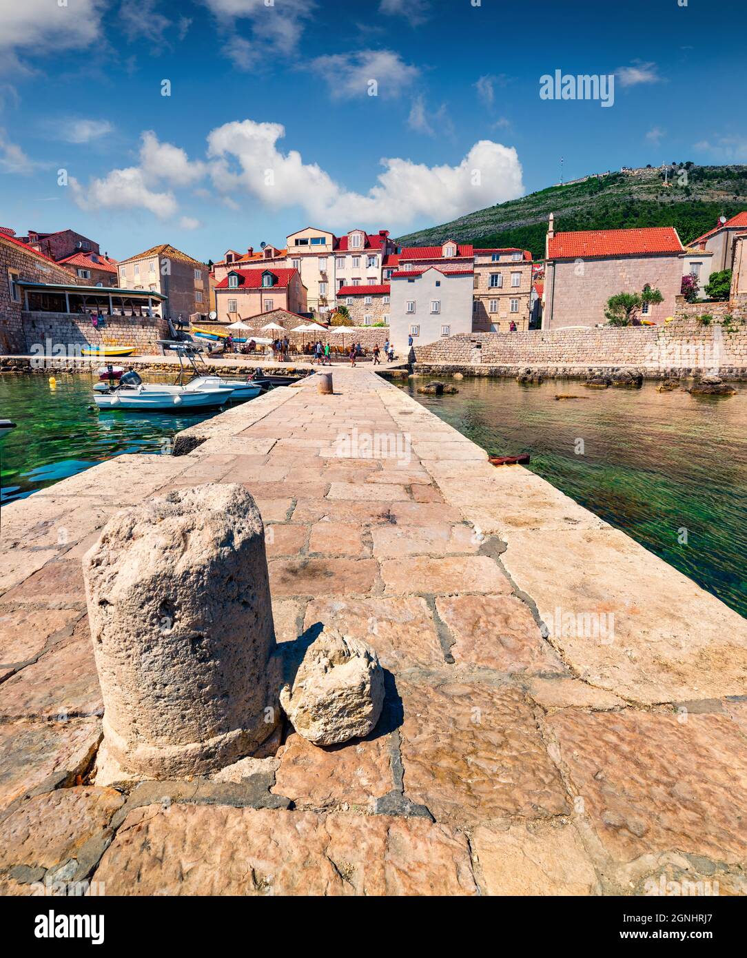Sunny morning view of Dubrovnik city. Bright summer seascape of Adriatic sea, Croatia, Europe. Beautiful world of Mediterranean countries. Traveling c Stock Photo