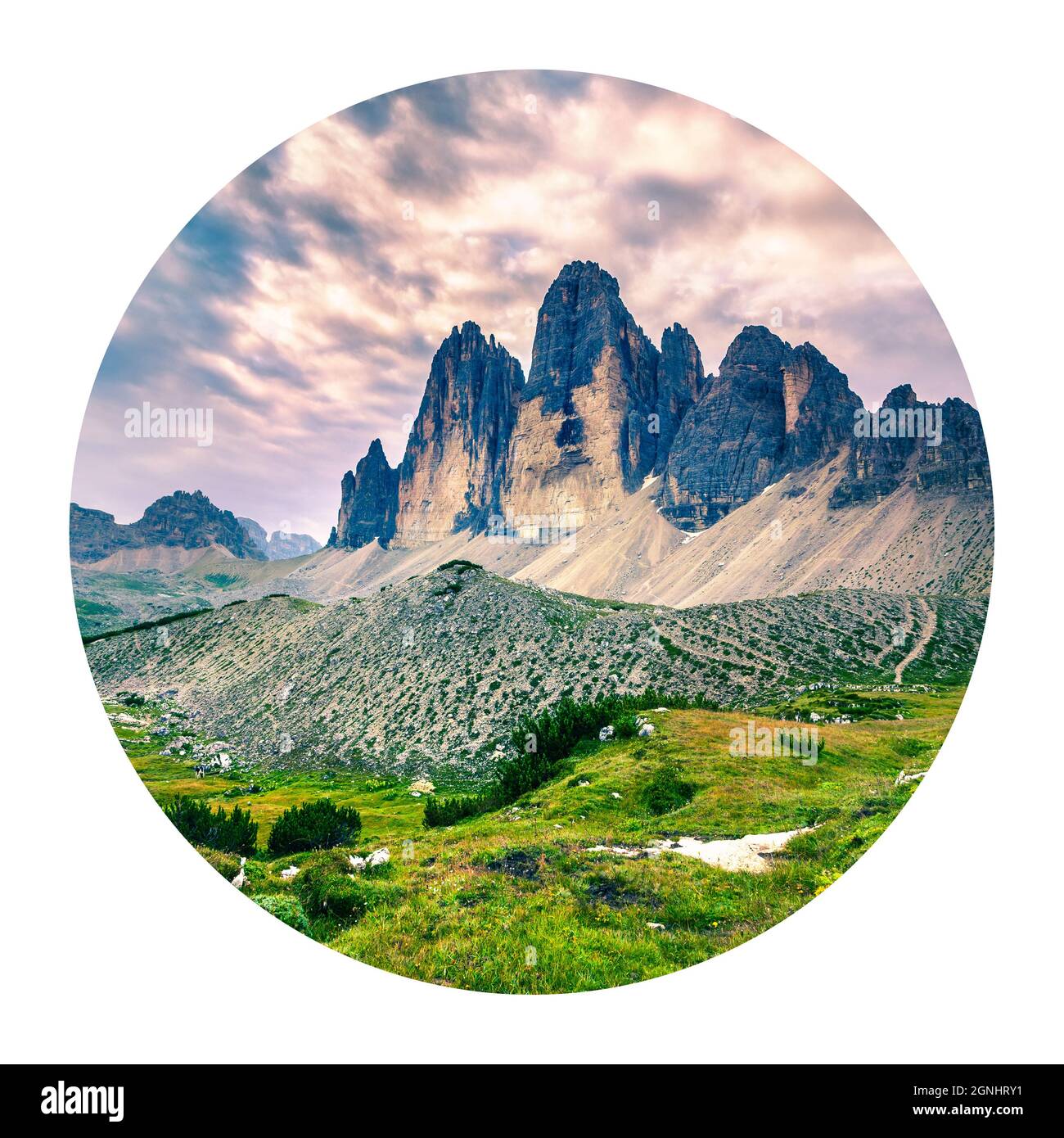 Round icon of nature with landscape. Fantastic summer view of National Park Tre Cime di Lavaredo. Great morning scene of Dolomite Alps, Italy, Europe. Stock Photo