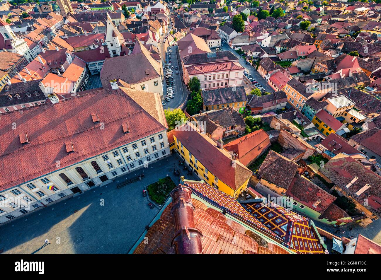 Aerial summer view of Altemberger House - Sibiu History Museum. Aerial cityscape of Sibiu town. Impressive morning scene of Transylvania, Romania, Eur Stock Photo