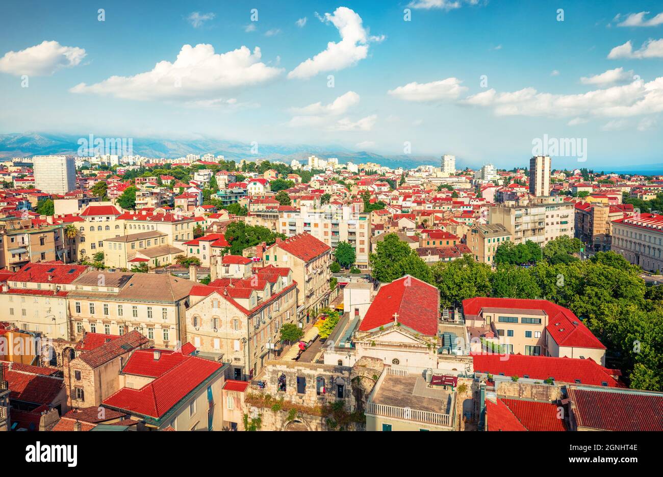 Aerial summer cityscape of Split city. Sunny morning view of Croatia, Europe. Beautiful world of Mediterranean countries. Architecture background. Stock Photo