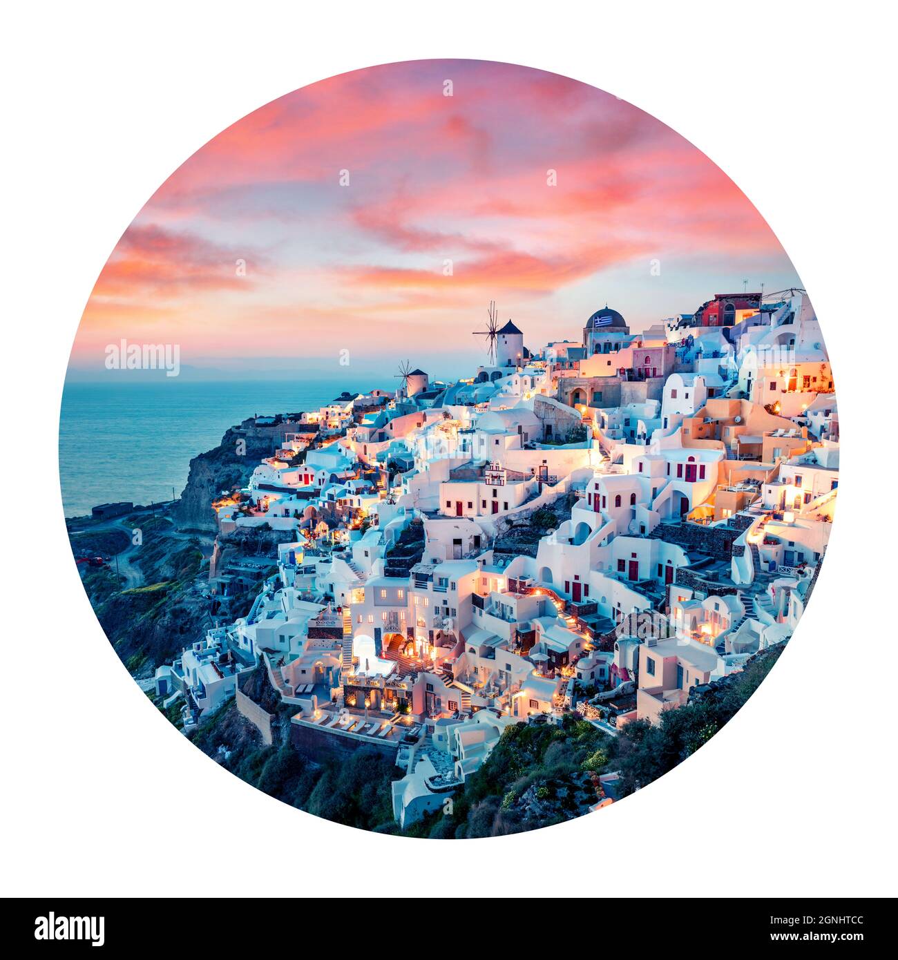 Round icon of cityscape. Impressive evening view of Santorini island. Picturesque spring sunset on the famous Greek resort Oia, Greece, Europe. Photog Stock Photo