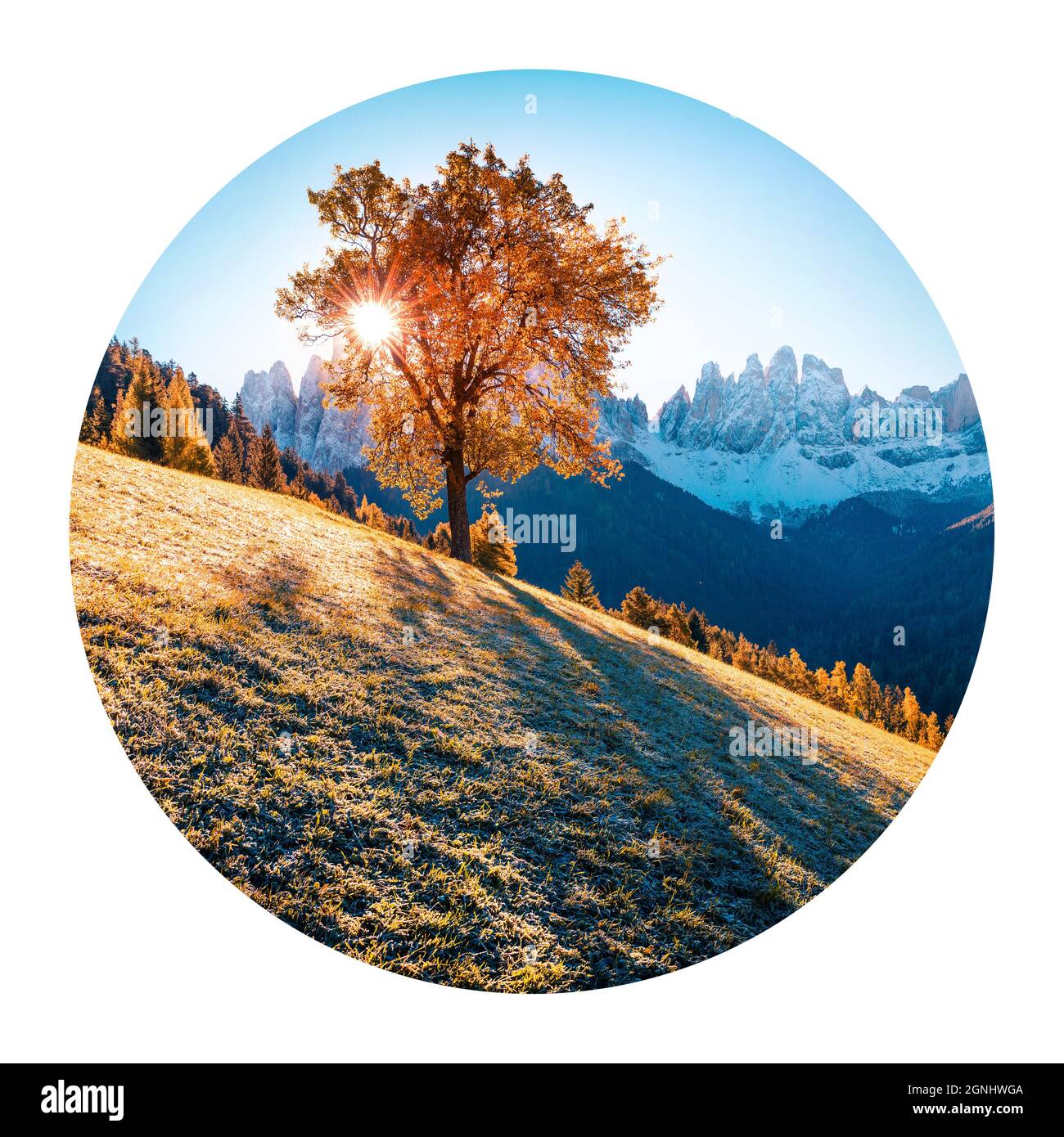 Round icon of nature with landscape. Incredible autumn view of Santa Maddalena village hills in front of the Geisler or Odle Dolomites Group, Dolomite Stock Photo