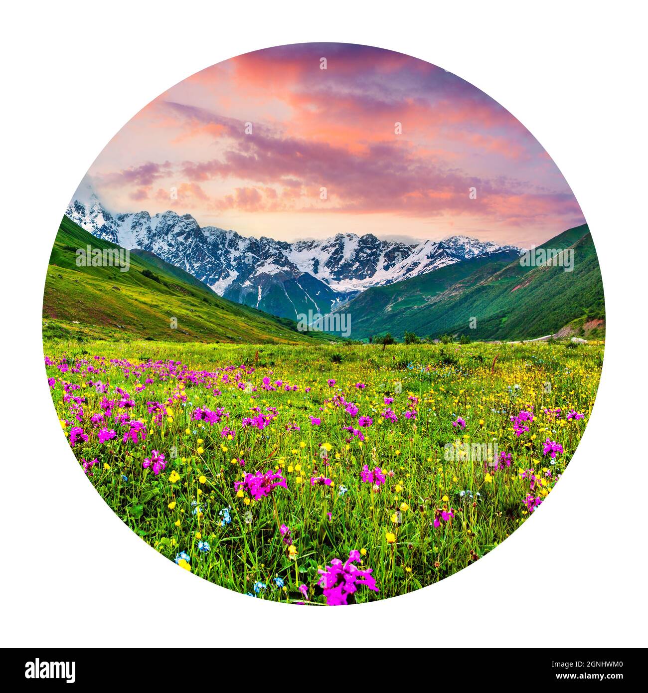 Round icon of nature with landscape. Fabulous summer sunrise in the Caucasus mountains, main Caucasus ridge, Ushguli village location, Upper Svaneti, Stock Photo