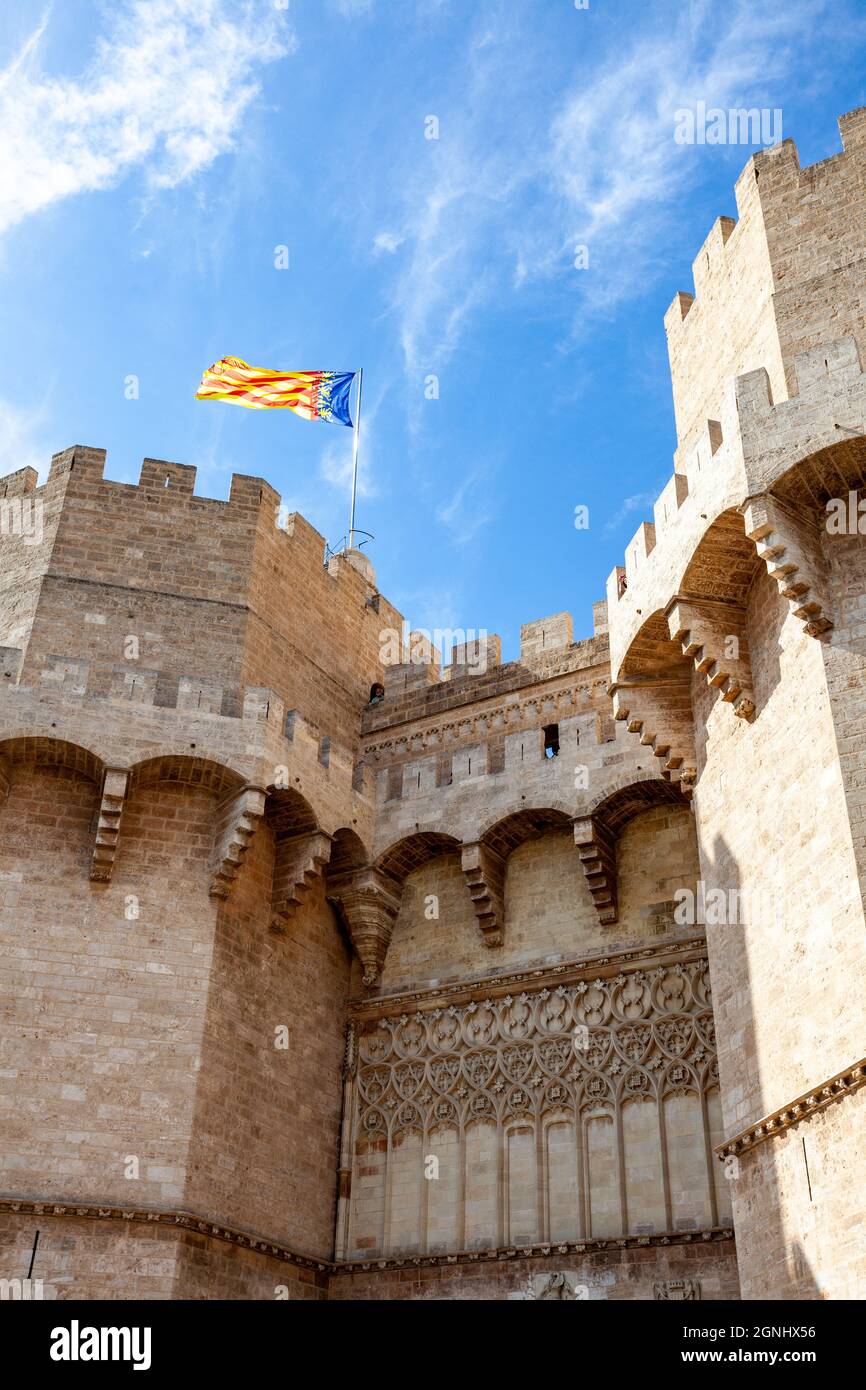 The Serranos Towers are considered to be the largest Gothic city gateway in all of Europe, and were constructed at the end of the 14th century by Pere Stock Photo
