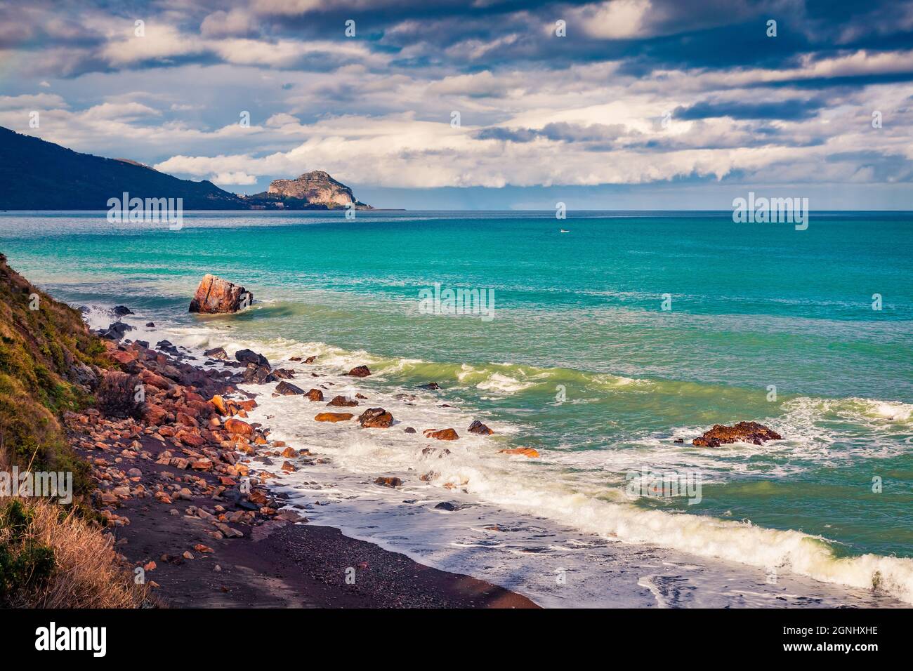 Stunning spring seascape of Mediterranean sea, Torre Conca beach. Nice outdoor scene of Rais Gerbi cape. Dranatic vmorning wiew of the Celalu cape, Si Stock Photo