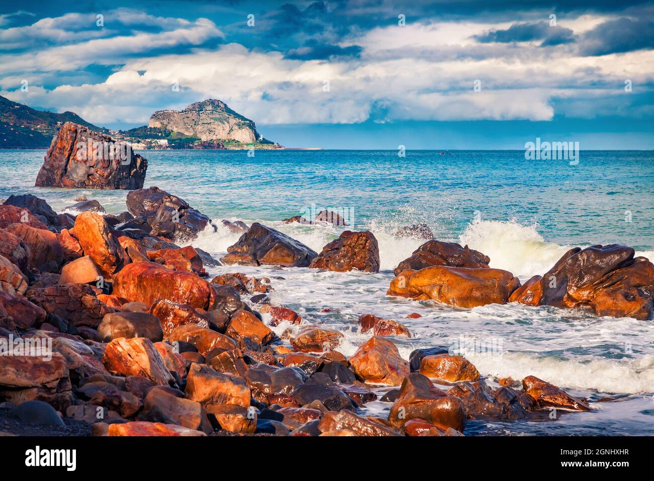 Awesome evevivg scene of Rais Gerbi cape. Picturesque seascape of Mediterranean sea. View of the Celalu cape, Sicily, Italy, Europe. Gloomy summer vie Stock Photo