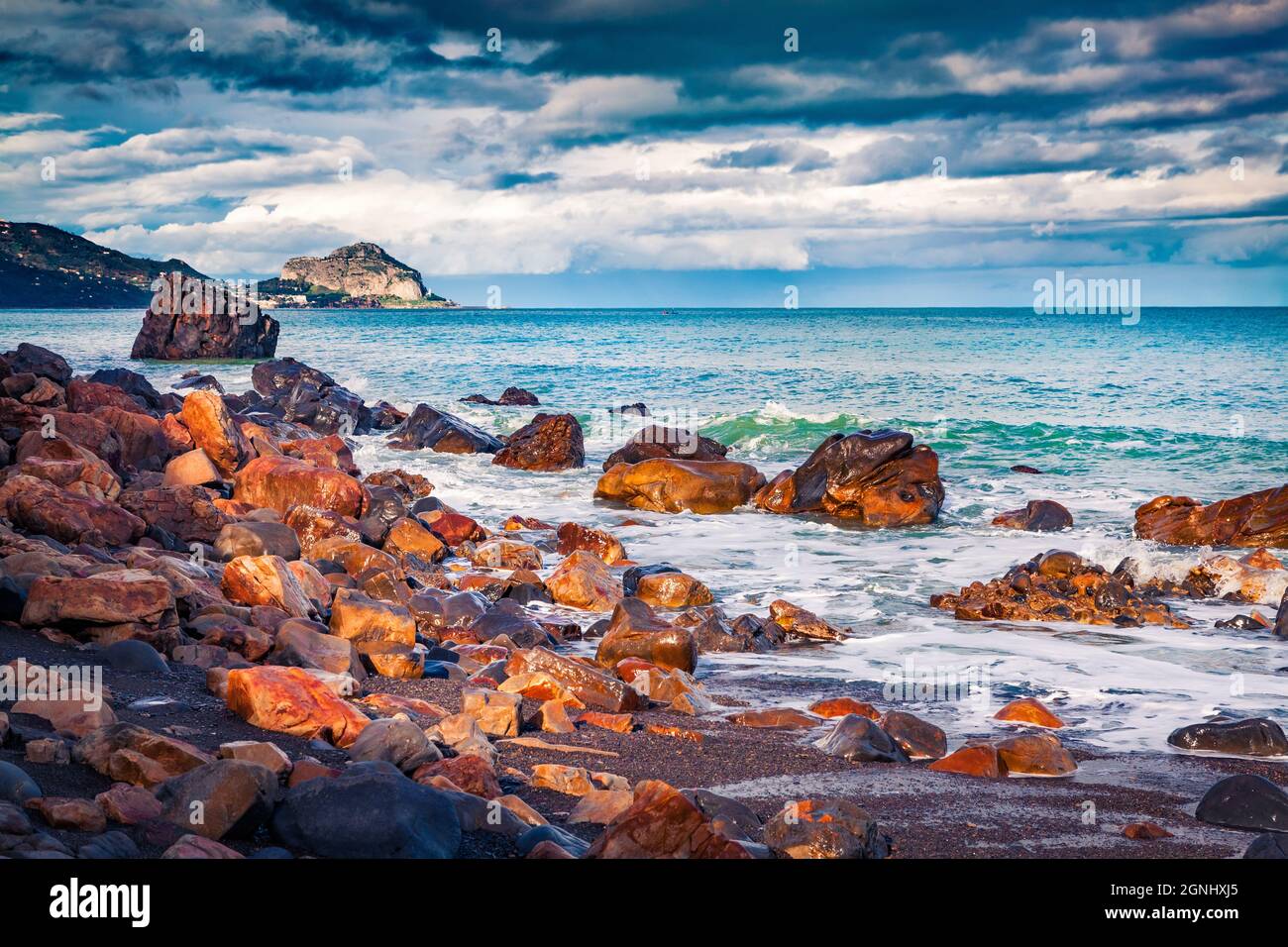 Dramatic spring view of Torre Conca beach. Fantastic morning scene of Rais Gerbi cape. Great seascape of Mediterranean sea. View of the Celalu cape, S Stock Photo
