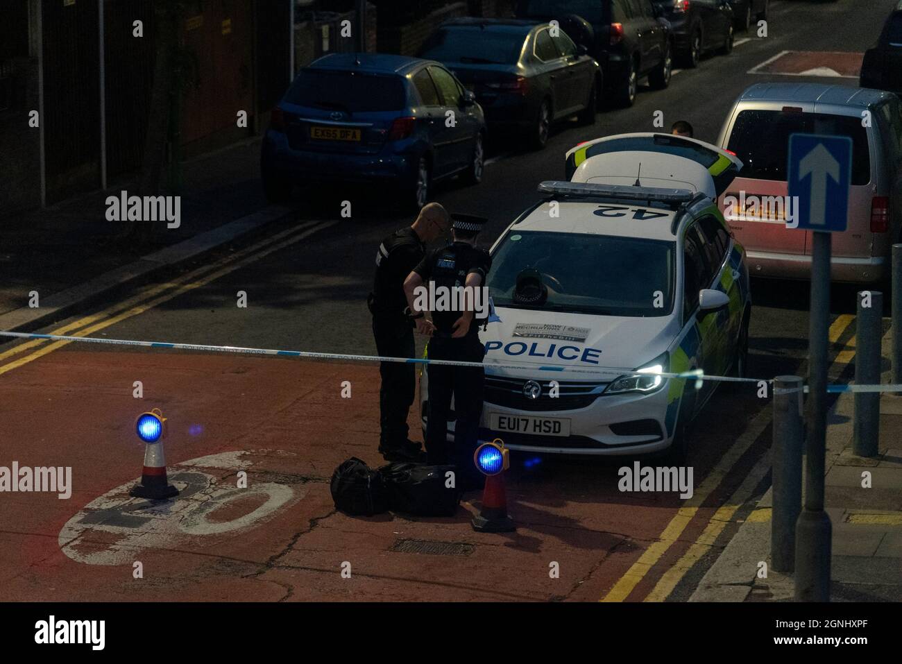 Hainault Avenue, Westcliff on Sea, Essex, UK. 26th Sep, 2021. Hainault Avenue in Westcliff has been closed off by police since around 23:00 on Saturday night, the 25th Sep, 2021, with unconfirmed reports of a murder. Various police vans and vehicles have been seen entering the closed area. The road is still closed at 07:00 Sunday morning. UPDATE: It has been confirmed that a male, James Avis, succumbed to injuries sustained during an attack despite the efforts of paramedics on scene. Two males aged 24 (Radu Ciobanu) and 27 have been arrested on suspicion of murder Stock Photo