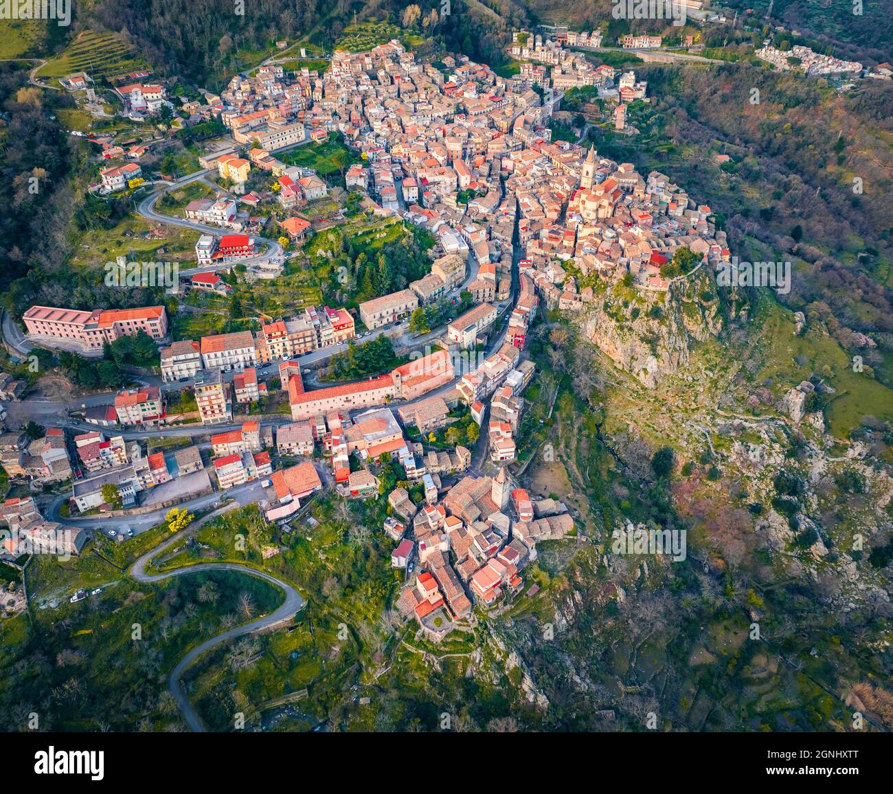 View from flying drone. Top down cotyscape of Novara di Sicilia town.  Aerial spring view of Sicily, Italy, Europe. Beautiful world of  Mediterranean co Stock Photo - Alamy
